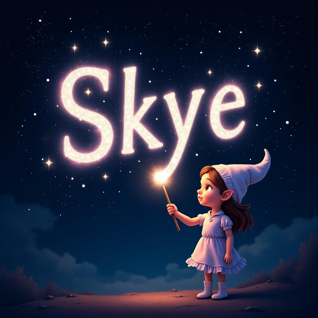 A girl elf is using a wand to write names in sparkling text against a starry night sky. The glowing name 'Skye' stands out against a dark background. The scene evokes magic and wonder, inviting viewers into a fantasy world.