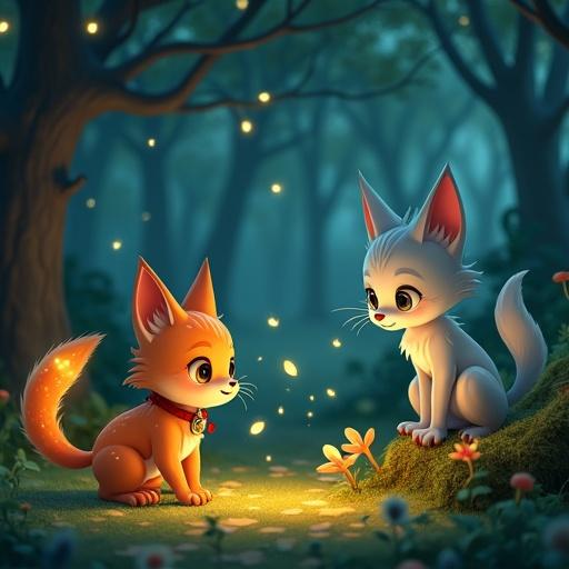 A whimsical forest scene at dusk with two characters. A small orange cat named Tango with glowing galaxy speckles and a frayed red collar chases fireflies. He is accompanied by a large silver Maine Coon named Luna on a mossy log. They are surrounded by glowing mushrooms and a magical atmosphere.