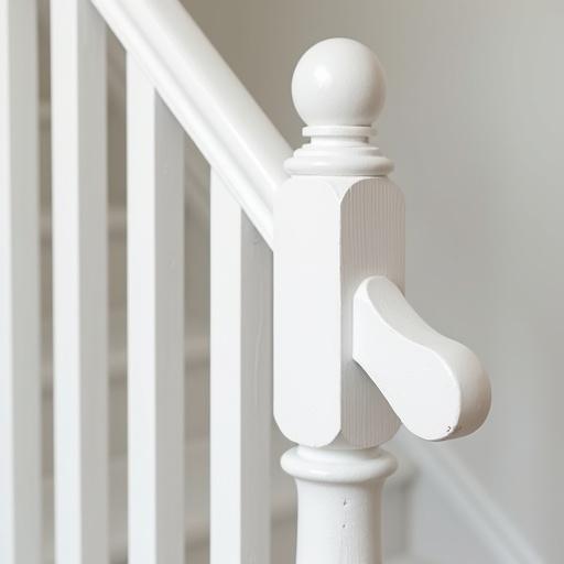 Photograph captures a straight white painted wooden railing in exquisite detail. Focus on the texture of the wood and craftsmanship. Photorealistic depiction with soft lighting.