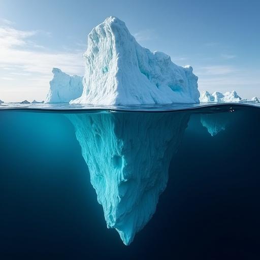 Massive iceberg with a split view showing above and below water levels. Focus on the impressive size of the iceberg. Highlight the contrast between the two environments.