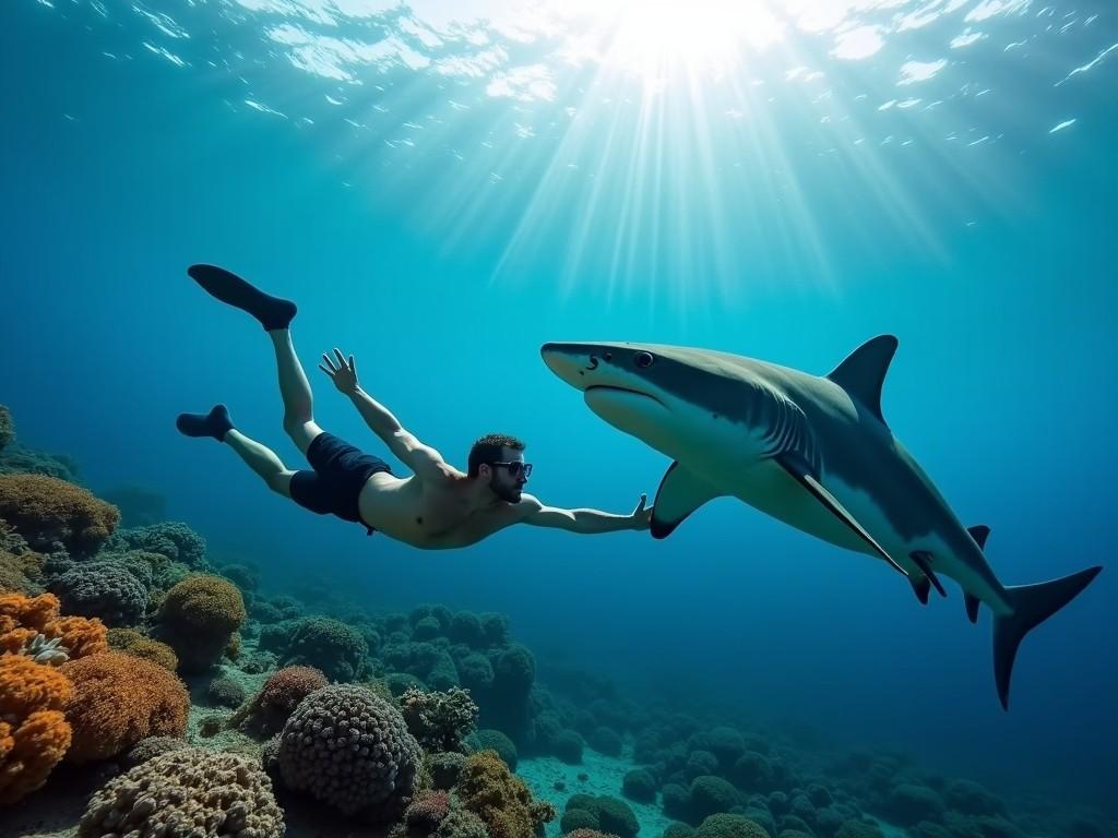 An image of a diver swimming alongside a shark in vibrant underwater scenery. The scene is illuminated by sunlight filtering through the water's surface, creating a serene atmosphere. The diver appears calm and collected while interacting with the shark. Colorful coral reefs are visible in the background, showcasing ocean biodiversity. The interaction between human and marine life highlights a connection to nature.