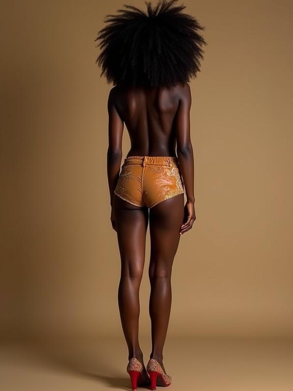Image of a black woman with an afro hairstyle seen from behind. She is wearing short shorts and red high heels. The background is a warm beige color, creating a soft aesthetic.