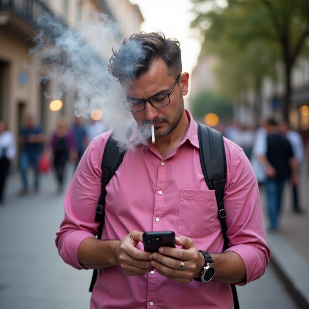 A man in a pink shirt checks his phone while walking. He is smoking a cigarette. The background shows a busy city street.