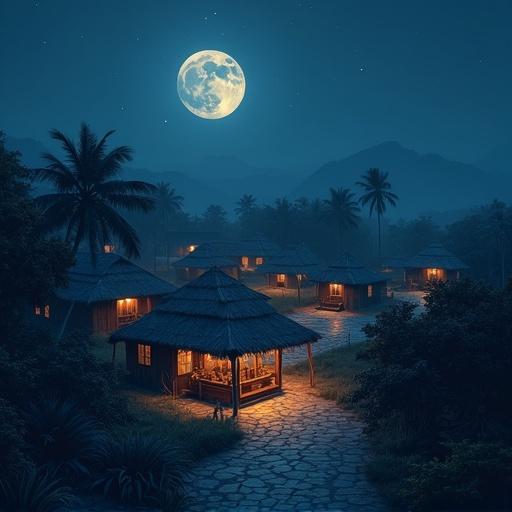 Nighttime aerial view of an Indian village with illuminated huts under a bright moon. Cinematic shadows and lighting create a serene atmosphere. Sketch drawing style illustrates the beauty of rural life.