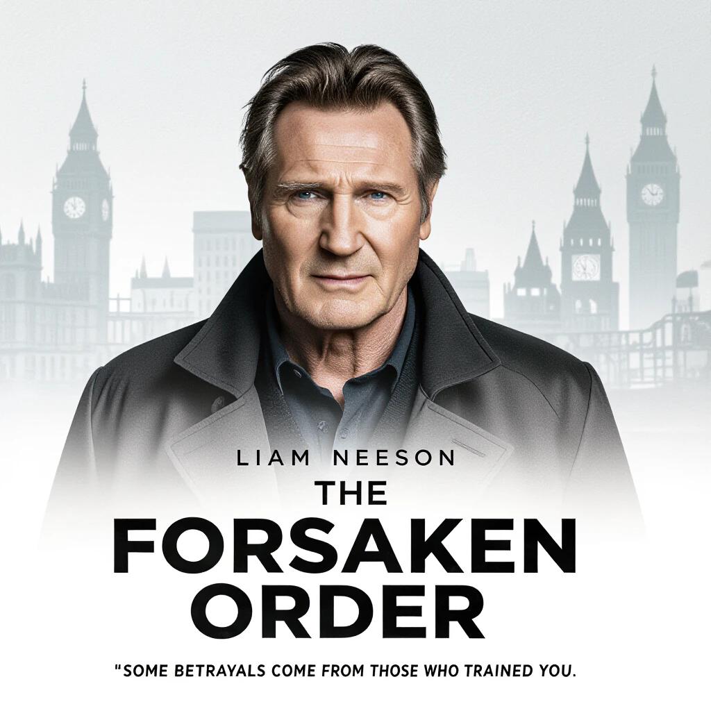 Liam Neeson stars in an action-packed conspiracy film. A veteran intelligence officer survives an ambush. He uncovers a rogue network within the intelligence community. The film is titled 'THE FORSAKEN ORDER'. The tagline reads 'Some betrayals come from those who trained you.'