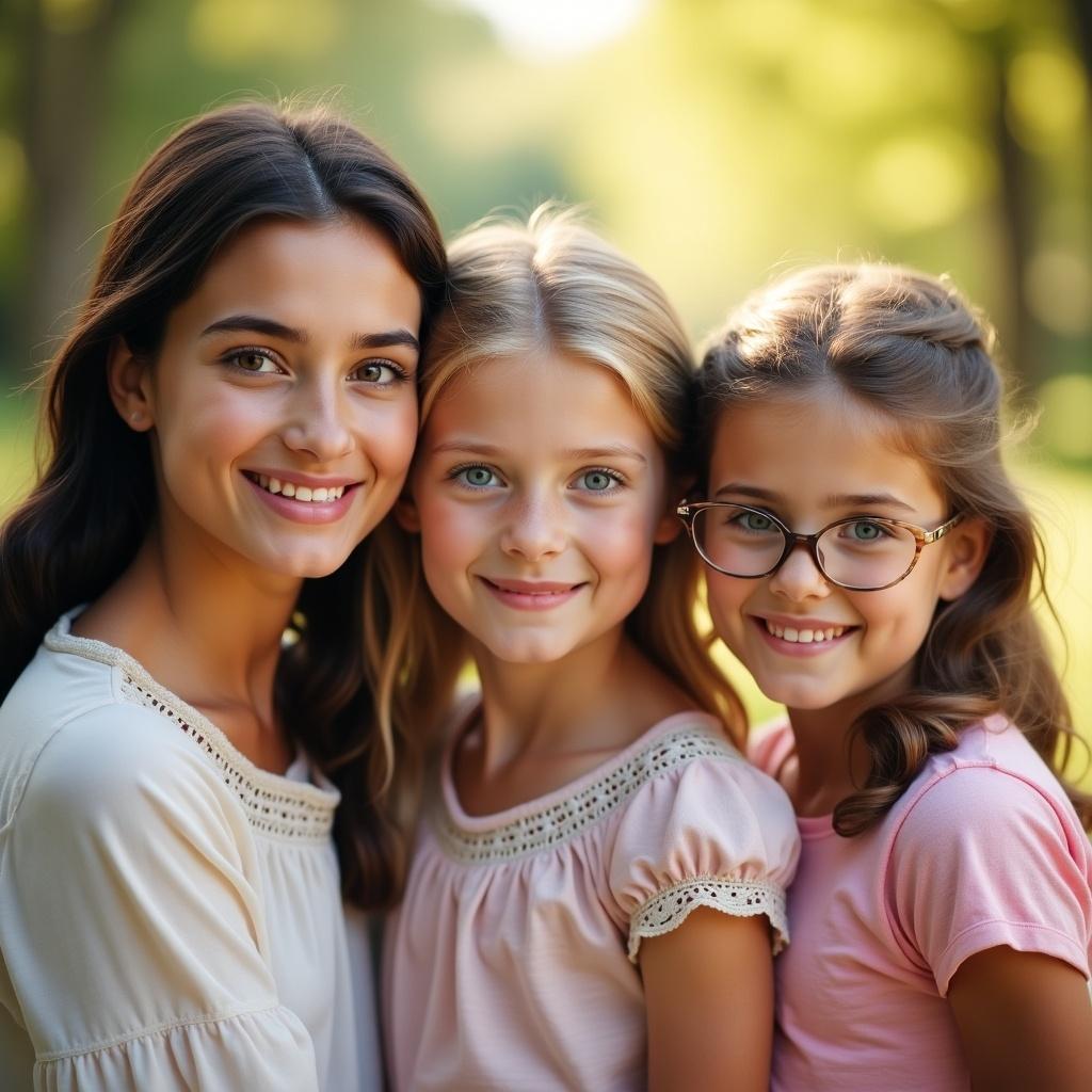 Image of four sisters close together outdoors in soft light. Two sisters have dark hair and blue eyes, another has light brown hair and glasses, while the last has darker brown hair. The background is soft and blurred with greenery.