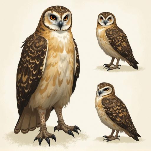 A reference sheet featuring a stylized owl character in a human manhwa style. The character exhibits various angles: a frontal pose, a side profile, and a detailed view of features. The character design showcases distinct feathers, facial expressions, and dynamic posture.