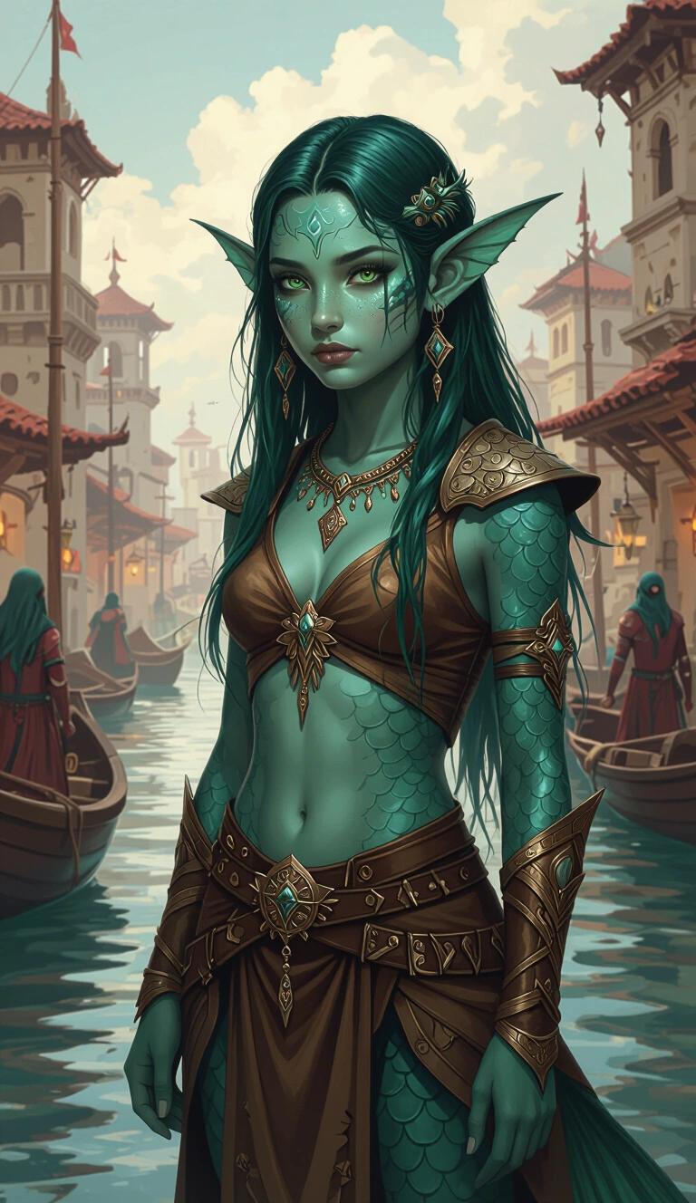 Acrylic painting style. Candid young teen druidic fish-girl. Sharp finned ears. Fully teal colored skin. Fish scaled skin. Brutal Ancient-Therosian-Fantasy port city. Theros-Fantasy clothing. Celestial Druid. Long slick-backed green hair. Teal scaled skin.