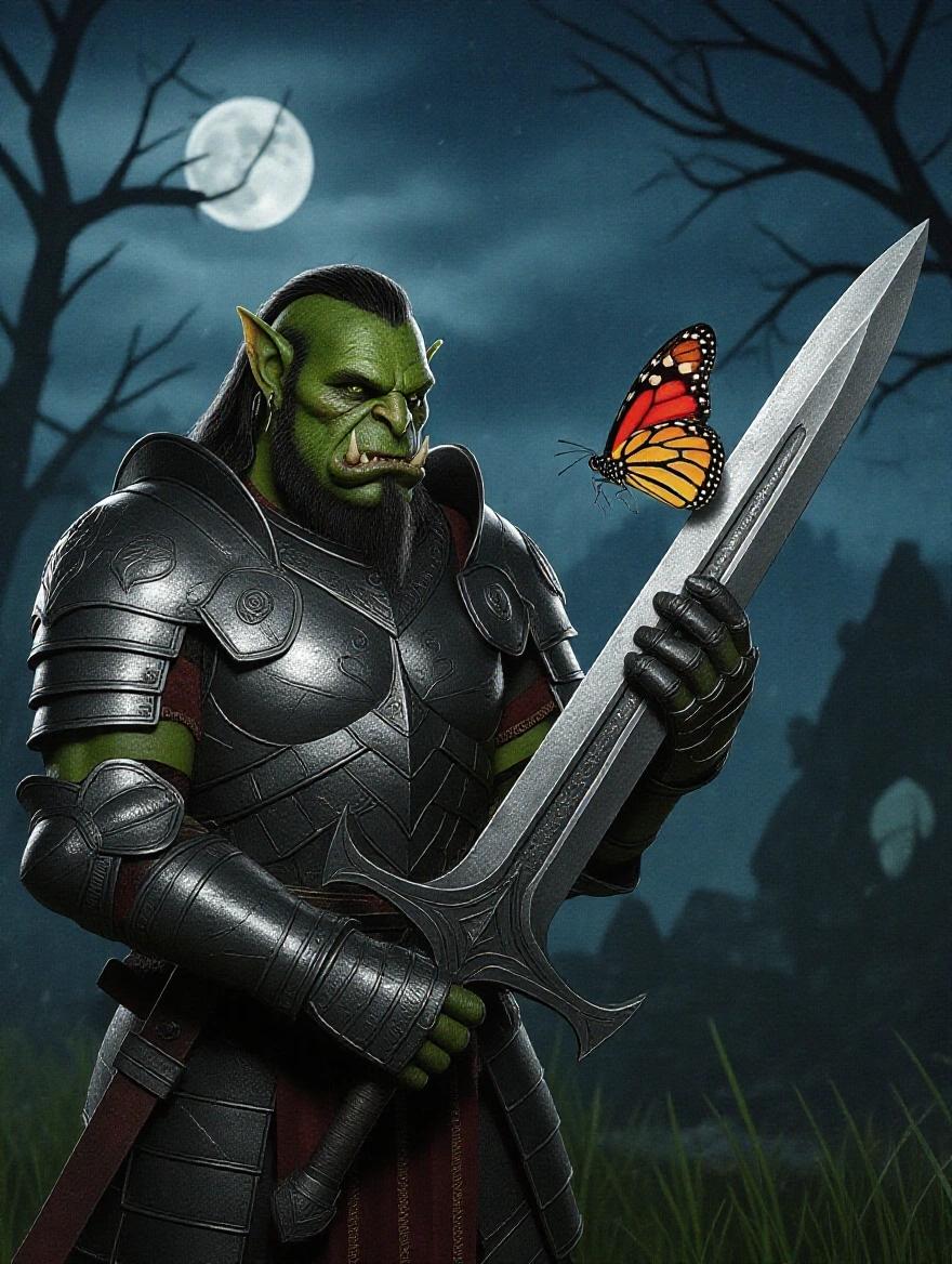 Realistic dark grim scene with a muscular orc wearing full plate armor. The orc stares at a colorful butterfly on the pommel of his greatsword. The background features a moonlit night ambiance and eerie trees.