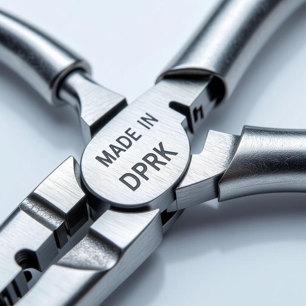 Ultra close-up photograph of vintage silver metal hand pliers with a deep-stamped text 'MADE IN DPRK'. The image is hyper-detailed with a polished look. Light reflects off the metal, showing scratches and machining marks. The background is a soft creamy bokeh. The composition fills 80% of the frame shot from a low angle. A nostalgic industrial feel is created by soft studio light that highlights the tool’s features.