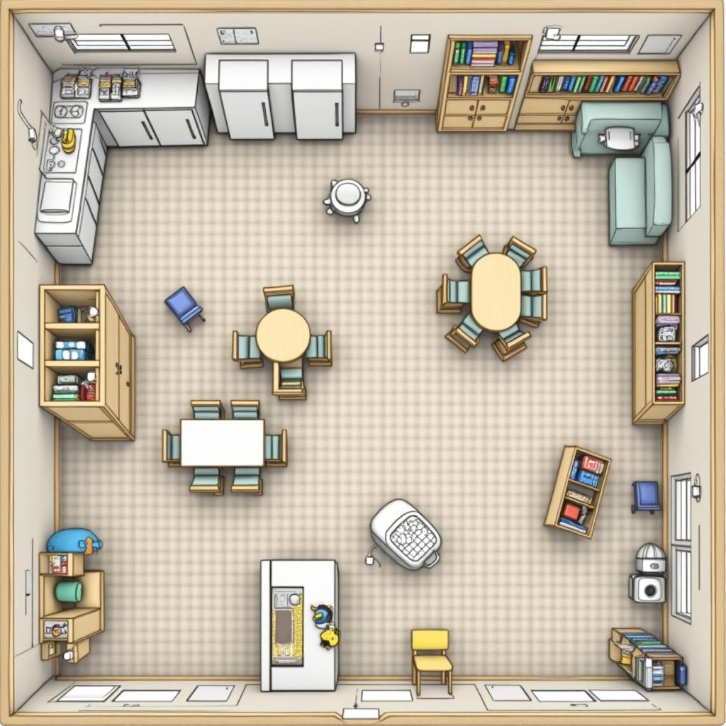 Infant classroom layout with diaper changing tables. Refrigerator and counter with bottle warmers. Four high chairs by a small wooden table. Rocking chairs on each side. Right side has foam climbing activities, ball pit, indoor climbing gym, and crawling tunnel. Three neutral colored rugs on light grey walls. Light wood furniture throughout. Space for bookshelves, pillows, stuffed animals, sound machine, and storage cubicles. Includes wooden manipulative toys.