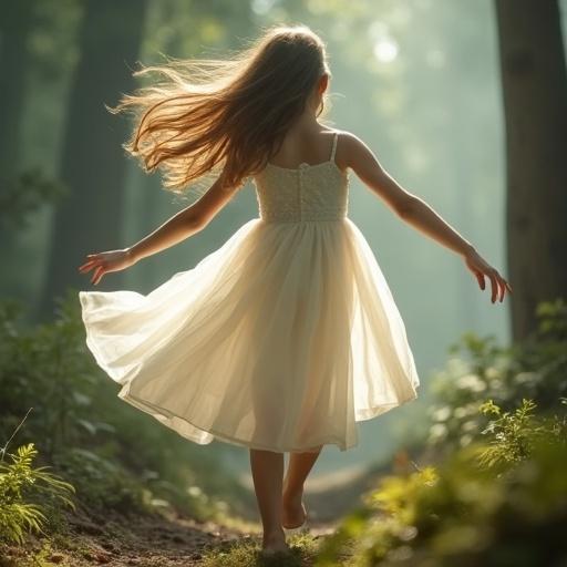 Young girl dances in a misty forest. She wears a sheer white gown. Long brown hair flows as she moves. The scene is enchanting and evokes feelings of joy.