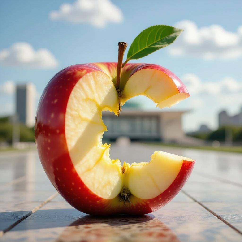 A large bitten apple is positioned against a blurred background of city Brasília. National Congress is visible in the distance. Bright sunny day with fluffy clouds in the sky.