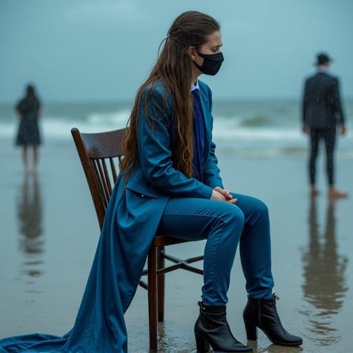 Photography showing a woman with long hair sitting tied to a chair under the rain. She wears a shiny blue satin suit and tight satin pants with a white shirt and blue tie. The scene is at the beach, and her clothes are drenched. She has tape over her mouth and ropes on her hands. In the background, people are mocking her.