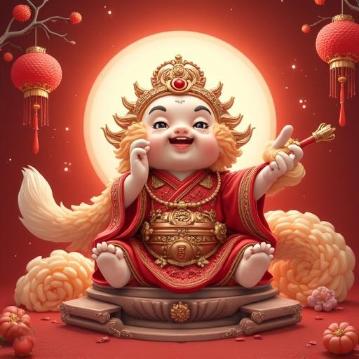 A joyful deity figure adorned in a royal robe. The background is red with lanterns and flowers. The figure has a round face and happy expression