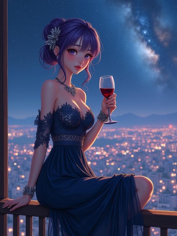 A semi-anime style woman with violet hair wearing a dark navy gown. She sits on a wooden ledge holding a wine glass. Background shows a starlit sky and city lights. Her expression is soft and melancholic.