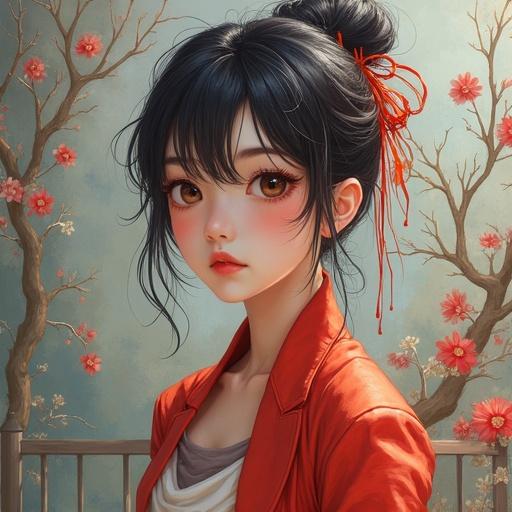 Anime thick painting style featuring a female character with black hair and red accents, vibrant background with floral patterns