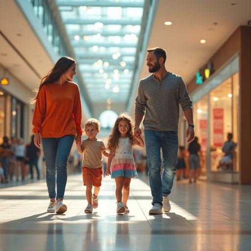 A family exploring a shopping mall. Parents and kids walk happily together. Bright interior with stores in the background.