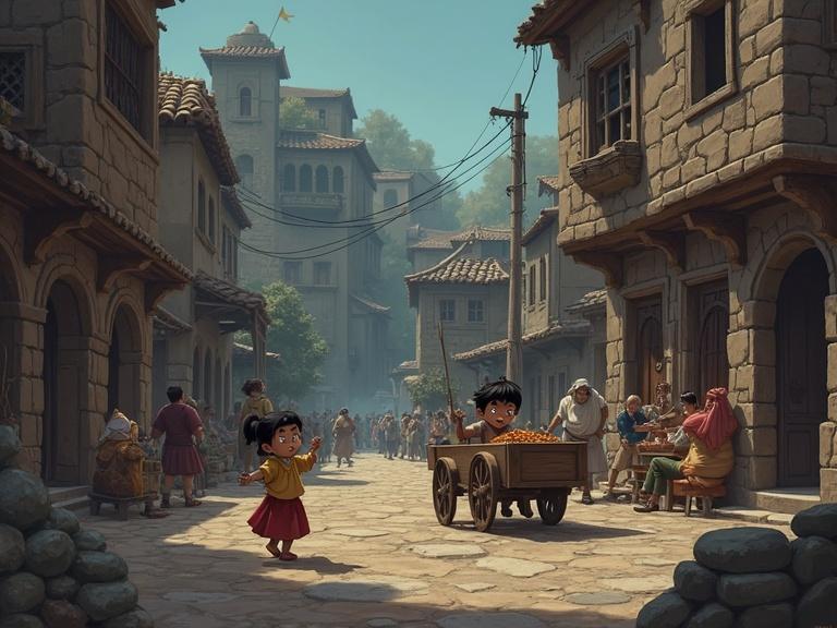 Illustration of an ancient city with stone buildings. Children fighting over a wooden cart. Man cheating in a market. Little girl throwing a tantrum. Dark colors with chaotic atmosphere.
