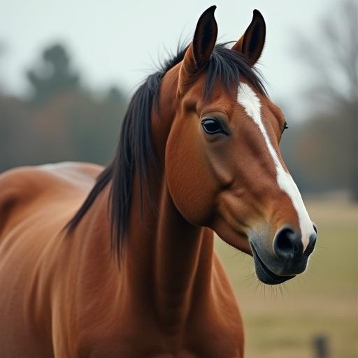 Horse stands in a natural setting. Horse has shiny brown coat and distinctive white mark on face. Background is blurred with soft colors.