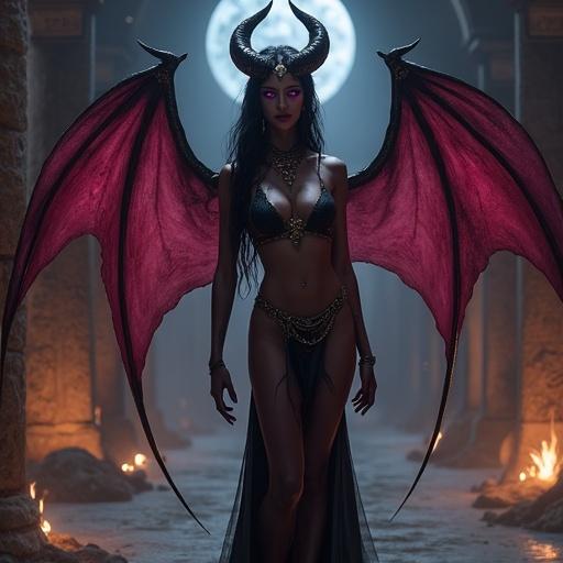 Character named Lilith in a dark fantasy setting. Lilith has tall stature and predatory presence. Skin tone is deep obsidian with violet and crimson undertones. Body is statuesque with long limbs and strong hips. Hair is waist-length black with deep red streaks. Eyes glow with ultraviolet light and pupils are slitted. Horns are dark with engraved rings. Wings are large and batlike. Feet are bare and elegant. Attire is ceremonial and includes tattered stockings and a sheer loincloth. Environment is humid with glowing heat and incense, filled with mystical energy.
