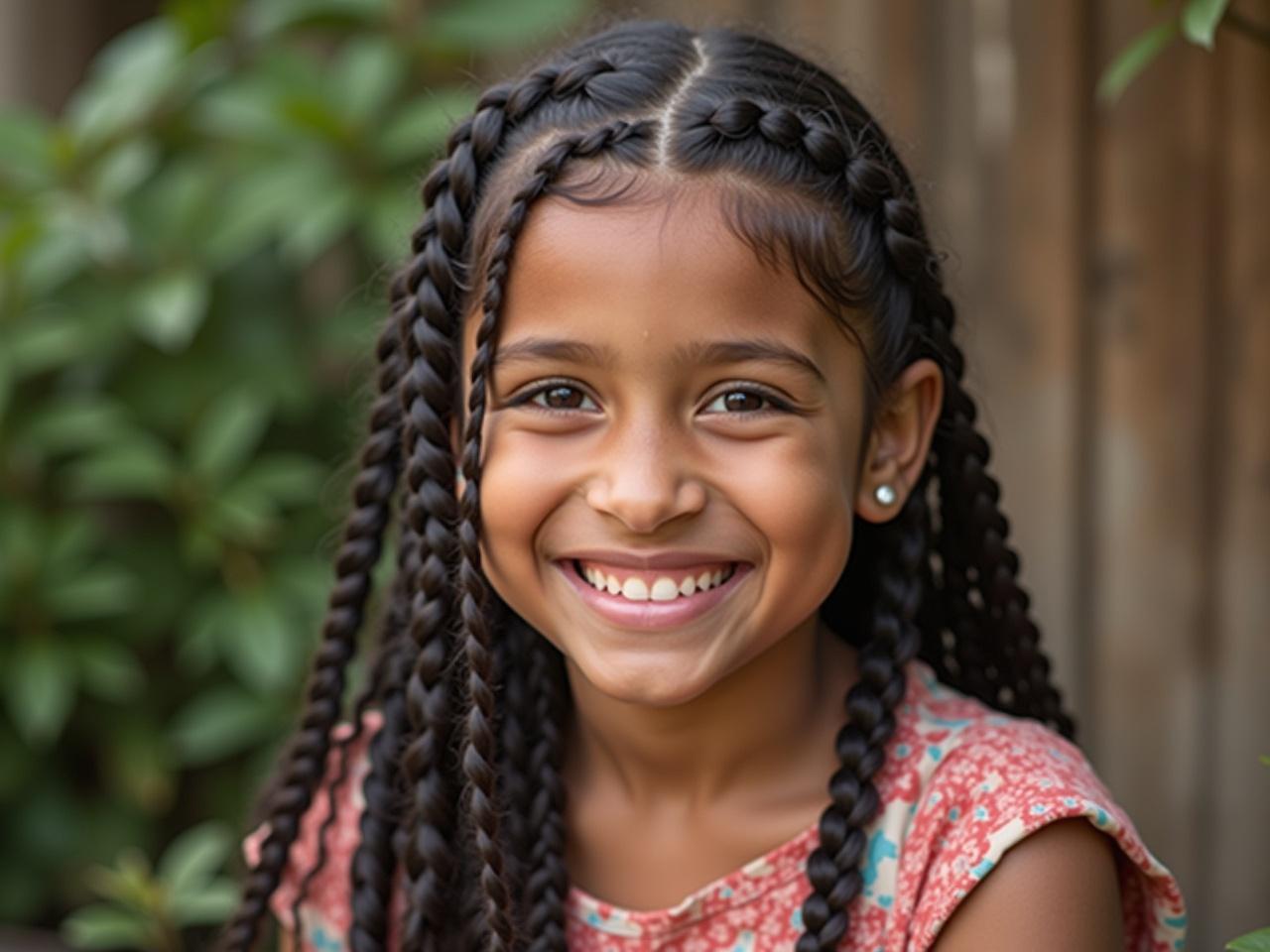 A young person smiles while looking directly at the camera. The face is fully visible, showcasing a bright and cheerful expression. The individual has braided hair styled in a half-up, half-down look. They are wearing a floral-patterned dress and have a gentle, approachable demeanor. The background features natural elements, adding a warm atmosphere to the image. The lighting is soft, enhancing the features of the face.