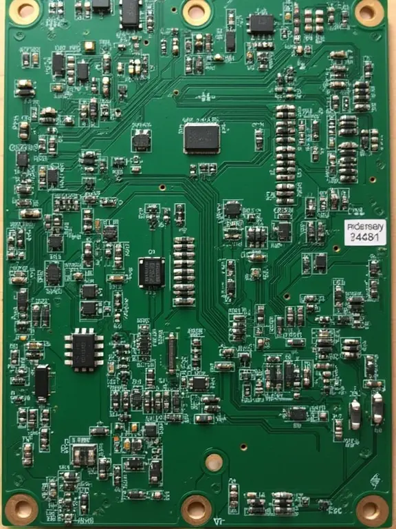 A green printed circuit board featuring various electronic components. The layout shows intricate connections. Blue and red wires are twisted together on the PCB.