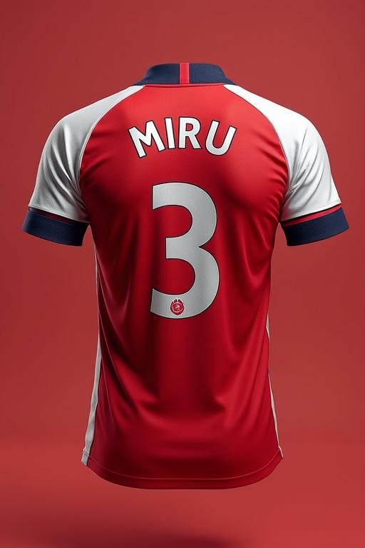 Design of a football jersey in Arsenal style with name Miru and number 3 on the back