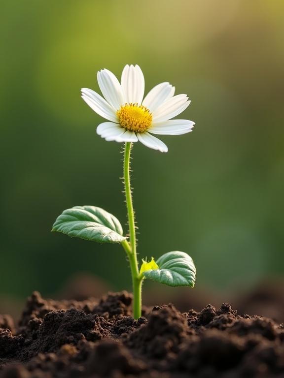 Create a slow-motion video shot of a single flower sprouting from the soil with accurate scientific details