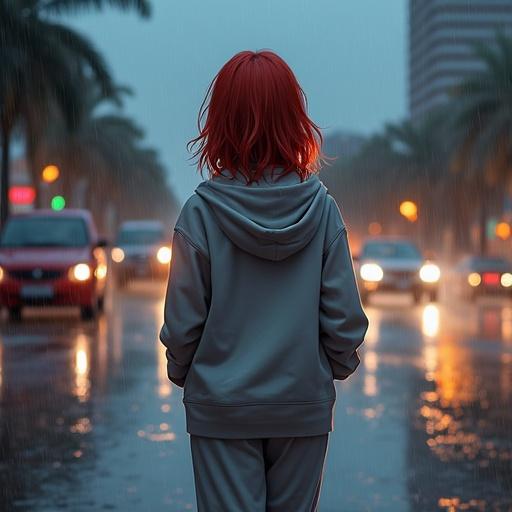 A girl walks in the rain wearing a gray hoodie and sweatpants. Red hair is visible from the back. The city street is busy with cars driving by. Rain creates a reflective surface on the wet pavement. A melancholic atmosphere is present with a moody urban backdrop.