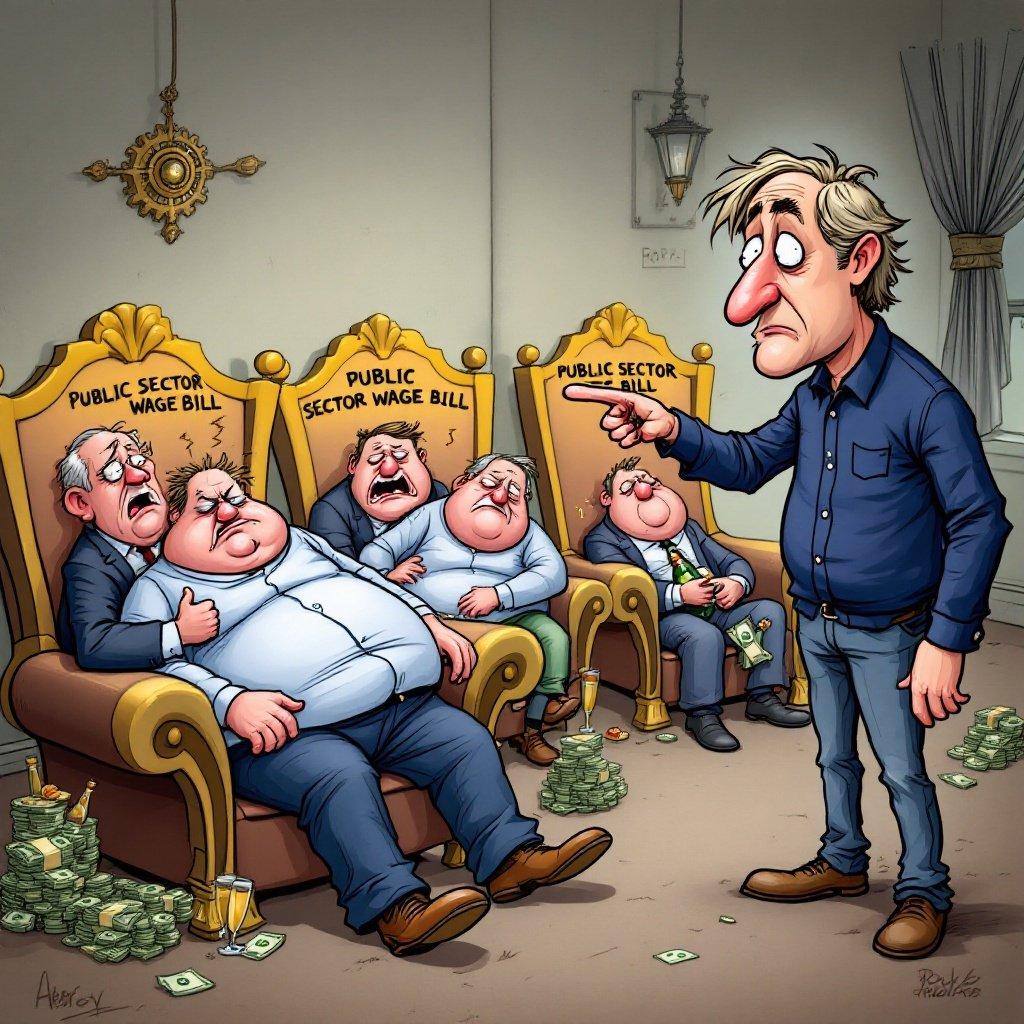 A satirical cartoon depicting the failure of South African governance. Emphasizes Rob Hersov confronting oblivious bureaucrats amid chaos. Rob is middle-aged, slender, with a prominent nose and light wavy hair. He wears a navy blue shirt and jeans, standing assertively pointing at bureaucrats. The bureaucrats are overweight with exaggerated features, lounging in lavish chairs surrounded by money and luxury items. Background depicts flames and crumbling infrastructure, including a burning South African flag.