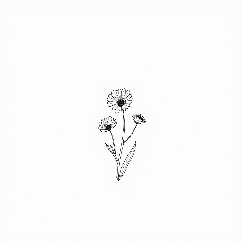 Floral design shows detailed flowers and stems. Line art style uses black lines on a white background. Minimalist approach emphasizes the flower details.