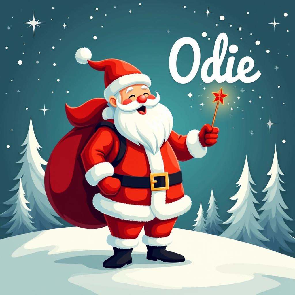 Cheerful Santa Claus stands in a snowy landscape. He holds a magic wand. The name Odie is written in the sky. Santa wears a traditional red and white outfit. A large red sack is over his shoulder. The background has evergreen trees and twinkling stars.