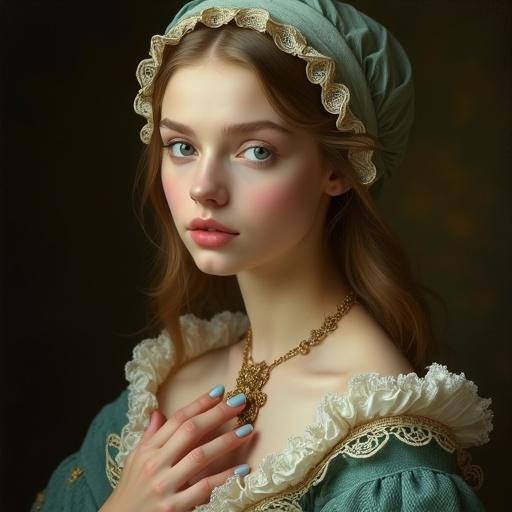 Close-up portrait of a captivatingly beautiful young woman with soft intense expression. Light blue eyes, fair luminous complexion, long golden-blonde hair. Delicate draped headdress in pale sea green, intricate lace. Richly textured gown in deep shades of blue-green with gold and burgundy motifs. Gold necklace with two pendants. Dark diffused background emphasizing details. Soft directional lighting creating intimate atmosphere.