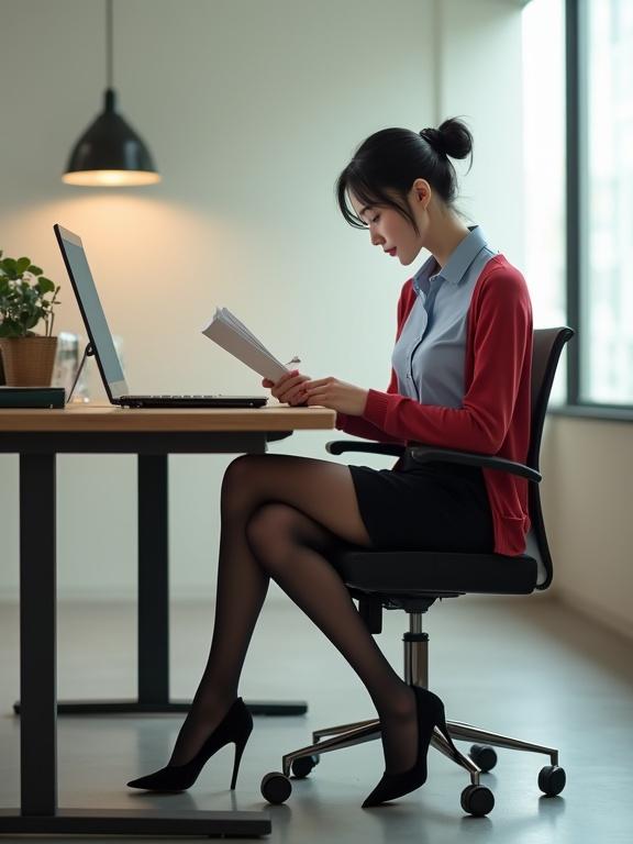 Full-body image of an East Asian female agent reading intel files. She sits at a desk in a modern agency office with off-white walls. Dressed in a light-blue blouse and black knee-length skirt. A cherry-red cardigan covers her shoulders. She wears black pantyhose and black heels. Hair is neatly bunned with a white flower clip. The ambiance is modern and sophisticated.