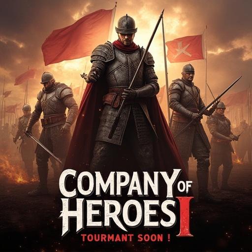An advertising poster for a tournament for Company of Heroes. Central figure in armor brandishing a weapon. Soldiers in background holding flags. Bold text stating 'Tournament coming soon! Register now!'