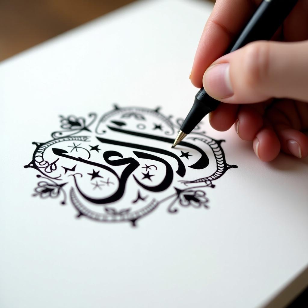 Close-up view shows hand using pen to write Arabic calligraphy. Black ink on white paper. Focused hand writes letters. Surrounded by intricate designs. Soft lighting highlights strokes. Features ornate calligraphy with the word 'حياة'. Includes decorative elements like stars and floral motifs. Artwork showcases beauty of Arabic script.