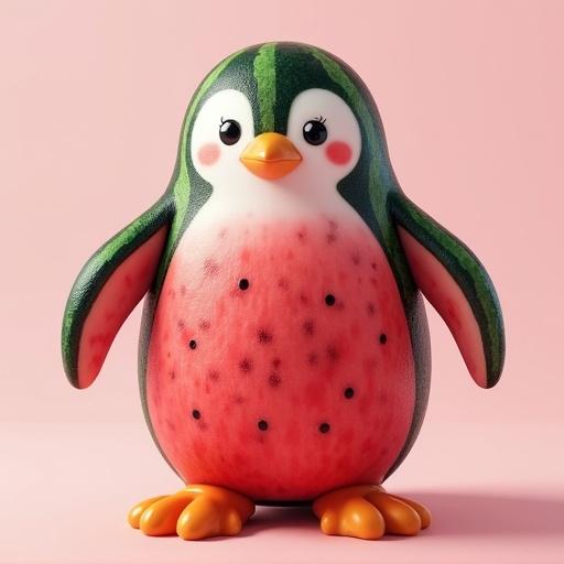 A whimsical penguin design with a watermelon body. The penguin has a pink and green color scheme. Hands and feet resemble watermelon. Cute and playful character.