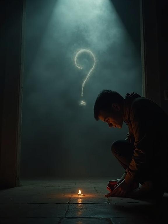 A shadowy room dimly lit by a candle. A concerned figure leans forward with hands clasped. A mysterious question symbolized by swirling mist appears in the background.
