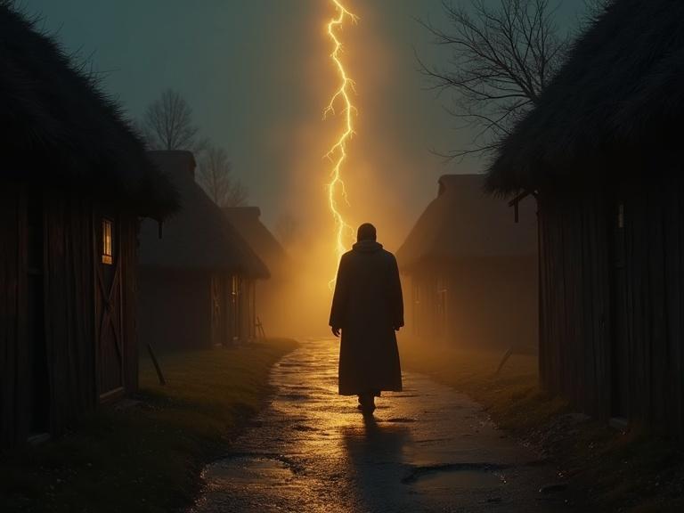Enoch walks through a dark village leaving a trail of golden light behind. The scene features dramatic lighting with a lightning strike illuminating the path.
