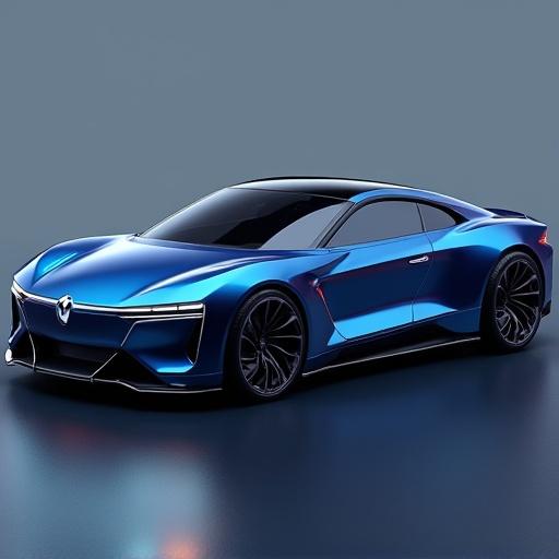 Futuristic electric sports car. Streamlined design with aerodynamic features. Signature LED lighting system. Sleek body in a vibrant metallic blue finish. Focus on modern luxury.