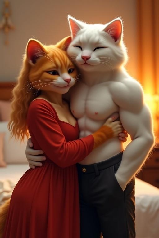 An anthropomorphic orange female cat with long wavy hair in a red nightgown embraces a muscular white male cat in black trousers. Both cats are joyful in a warmly lit bedroom atmosphere.