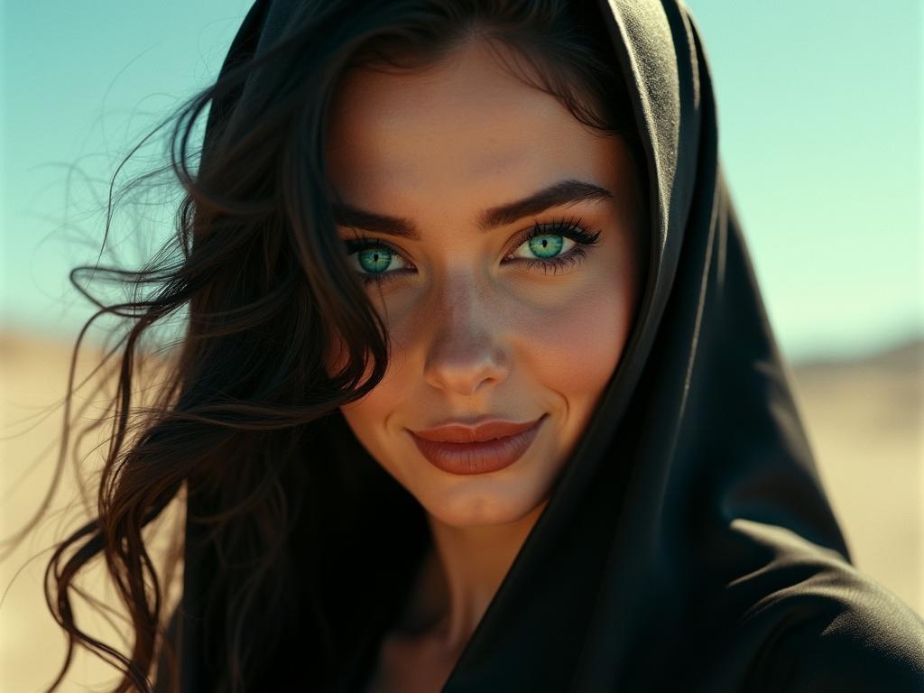 Cinematic film still. Vintage Fashion photography featuring a woman with deep turquoise eyes. Black satin shawl partially covering her face. Perfect cinematic photographic image. Huge pillowy lips in a shy smile. Perfect anatomy with sharp moody details. Exotic desert background. Retro photography style from the 1960's to 1990's. Close-up portrait with focus on eyes and long eyelashes.