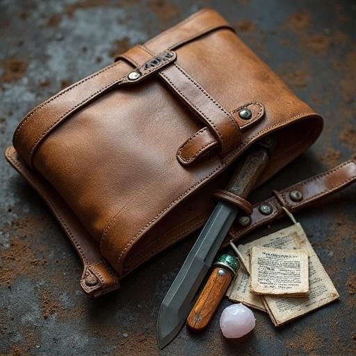 A worn leather bag spills out essential hunter gear including a small dagger, bandages, a compass, and a low-grade mana crystal.