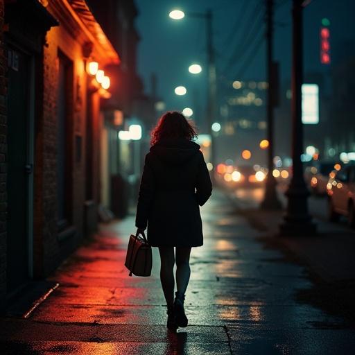 A silhouette of a woman walking down an empty city street at night. Light from street lamps creates a soft glow. The pavement reflects the light, enhancing the moody atmosphere. The woman carries a handbag and appears deep in thought.