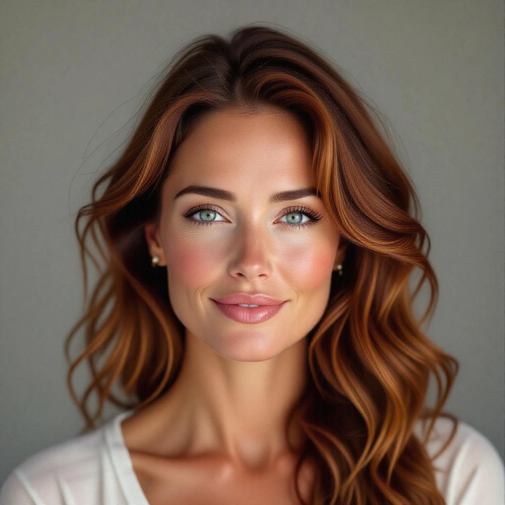 Photorealistic headshot portrait of a 35 years old woman with fair skin and long wavy red hair. She has blue eyes and strong cheekbones with soft natural makeup. The image features a soft smile and subtle smile lines, showcasing natural skin texture. Her fit curvy figure is dressed in a dark grey bodysuit against a light grey background.