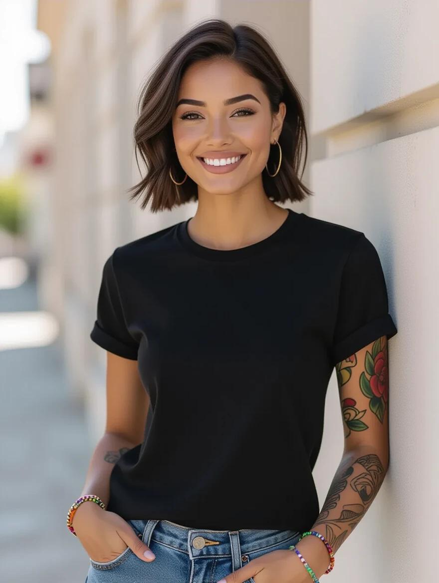 Young stylish woman with short black hair wears a black T-shirt. She stands casually in urban daylight. The background shows a city landscape. She poses dynamically with a colorful tattoo sleeve on one arm. Simple and clean style includes bracelets. Natural makeup enhances her look.