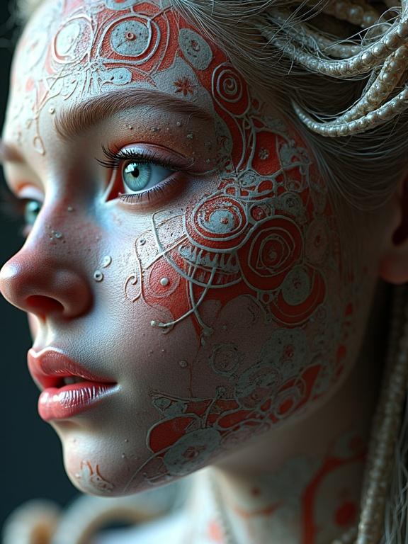Hyperdetailed supermodel portrait with zentangle and 3D Droste effect styles. Focus on intricate facial designs and textures.