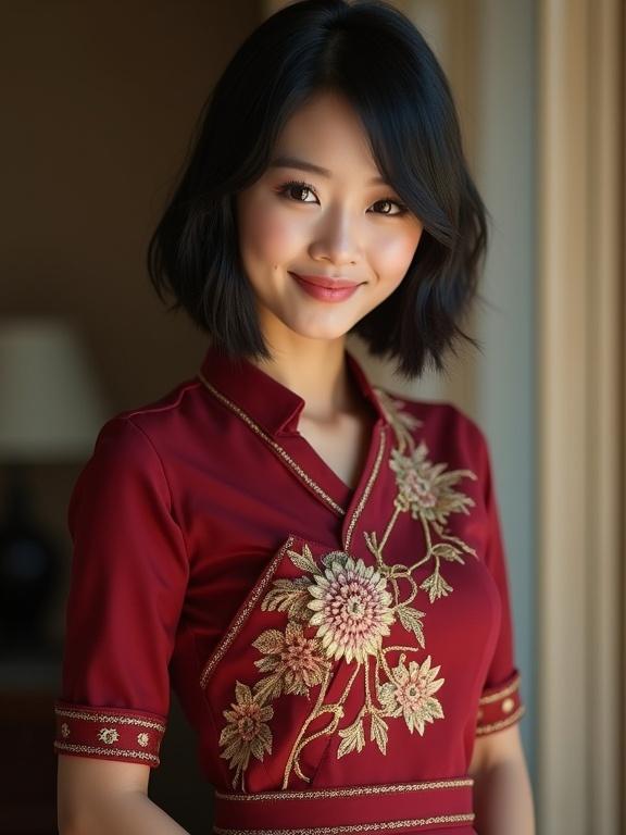 Portrait of a woman in traditional Thai dress. Woman has short black hair and almond-shaped eyes. She is smiling in front of the camera. Photo is taken in high definition with a cinematic quality.