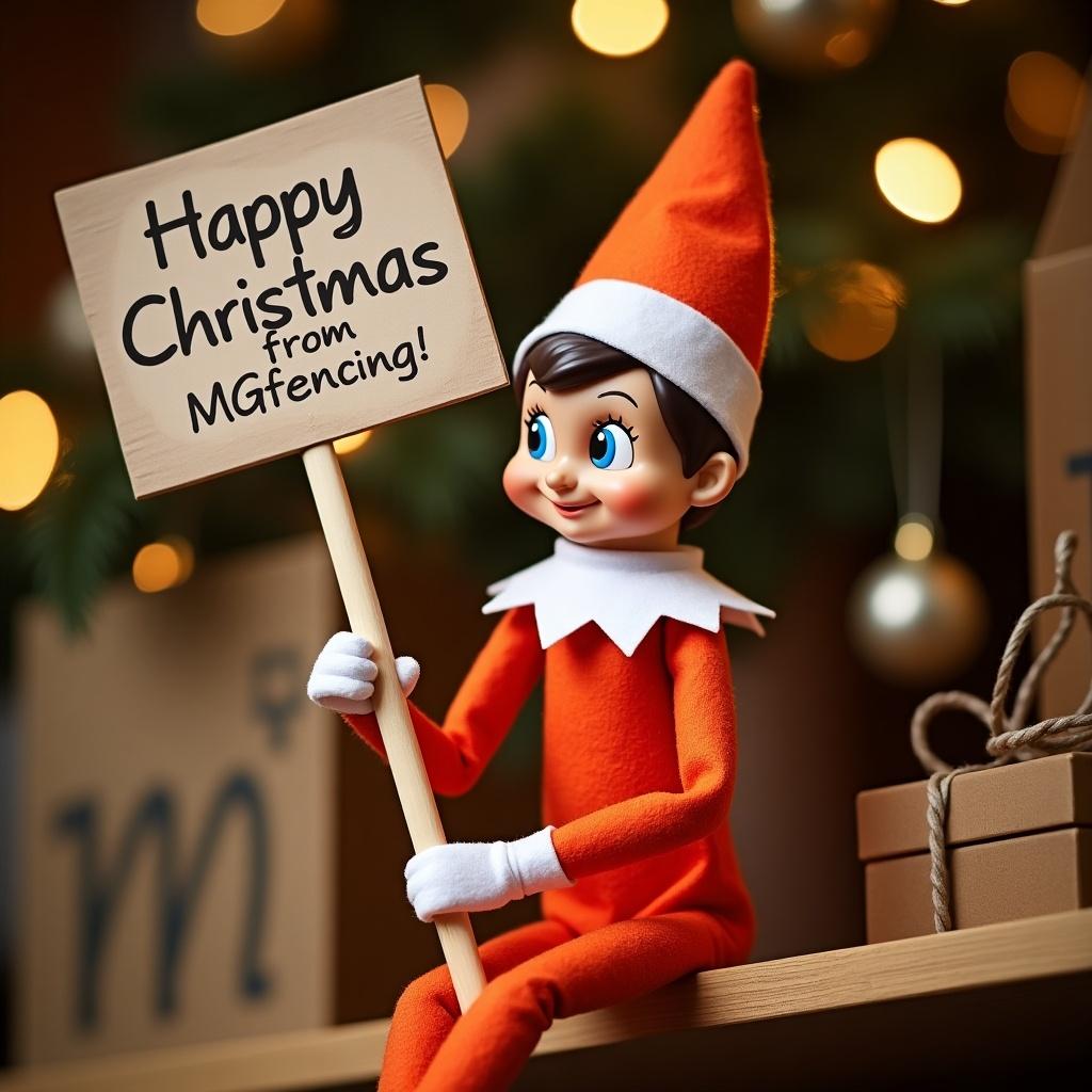 Orange elf in festive clothing. Elf holds sign wishing Merry Christmas from MGFencing. The setting is warm and welcoming with Christmas decorations. Soft lighting enhances the holiday spirit.